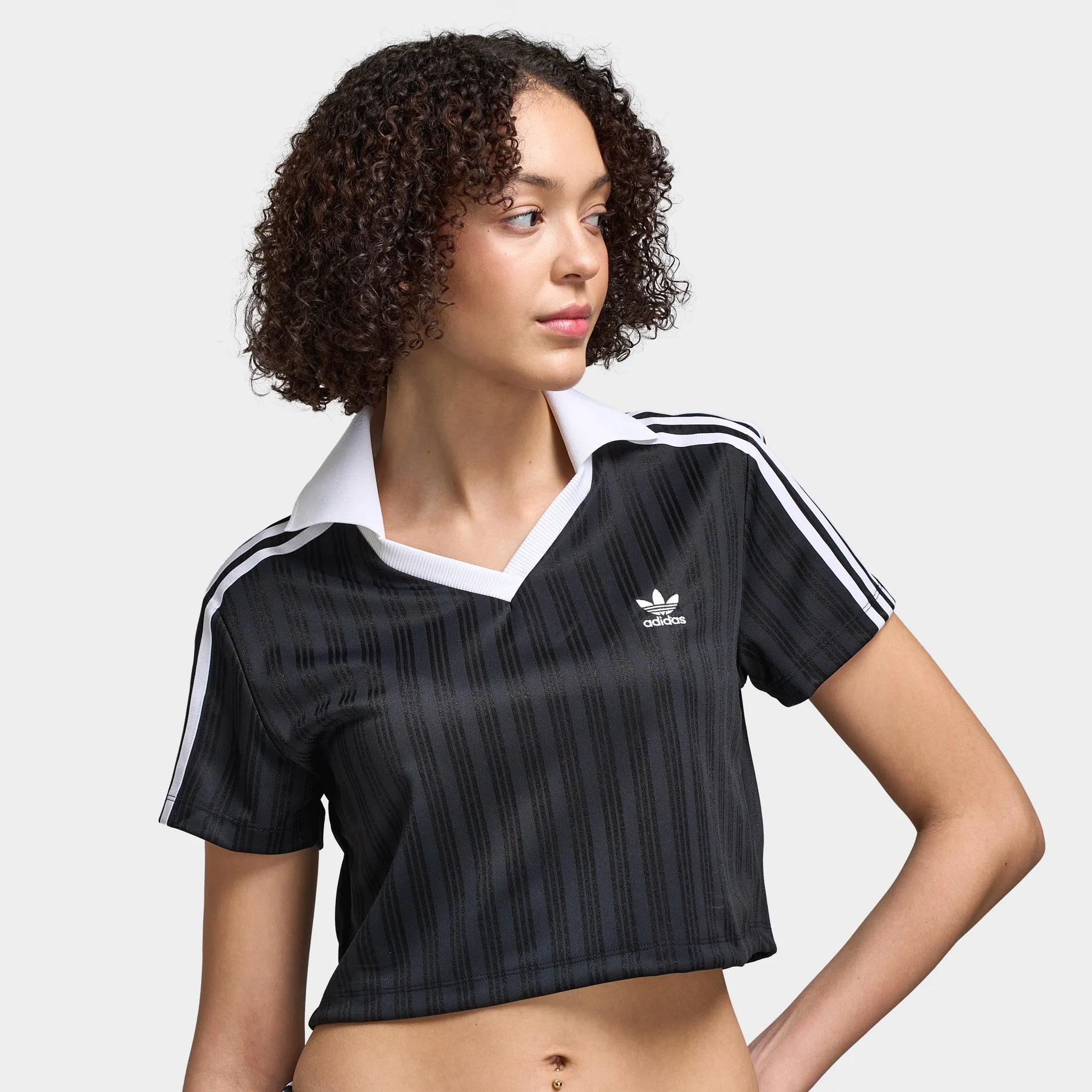 adidas Women's Football Jacquard V-Neck Crop Polo / Black