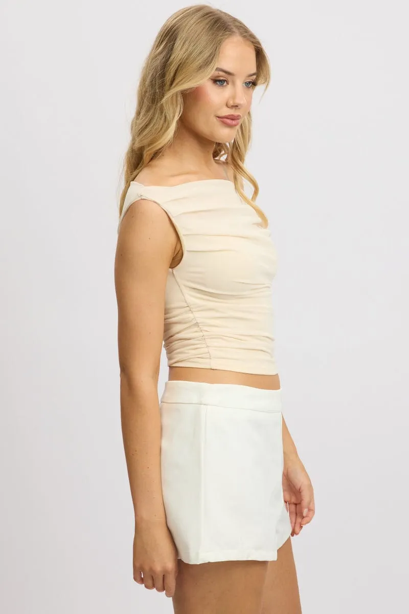 Beige Off Shoulder Top Mesh