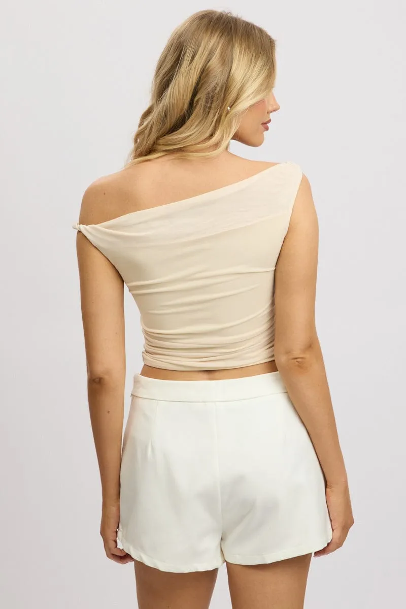 Beige Off Shoulder Top Mesh