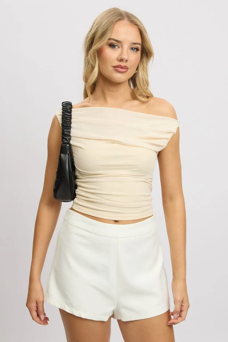Beige Off Shoulder Top Mesh