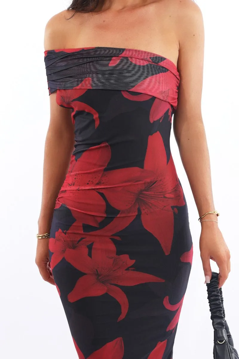 Black Floral Bodycon Dress One Shoulder Mesh