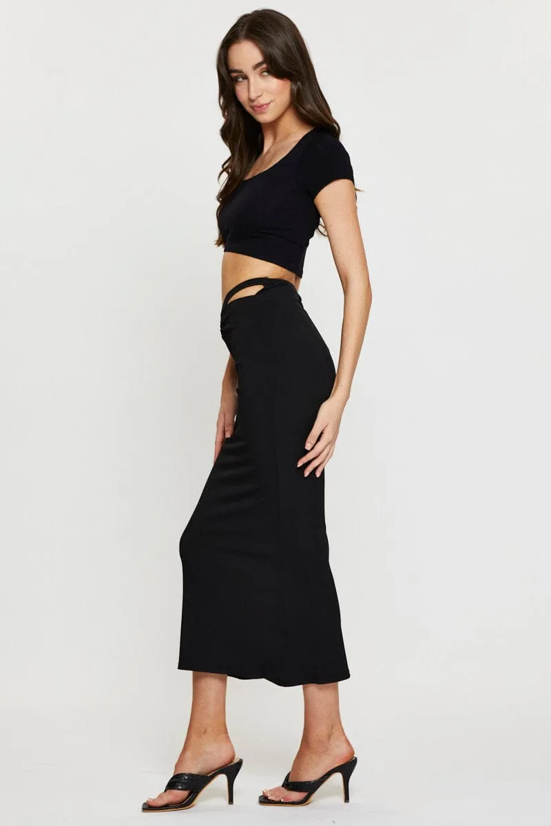 Black Midi Skirt Rig Detailed Ribbed Jersey