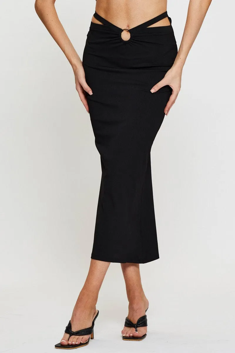 Black Midi Skirt Rig Detailed Ribbed Jersey
