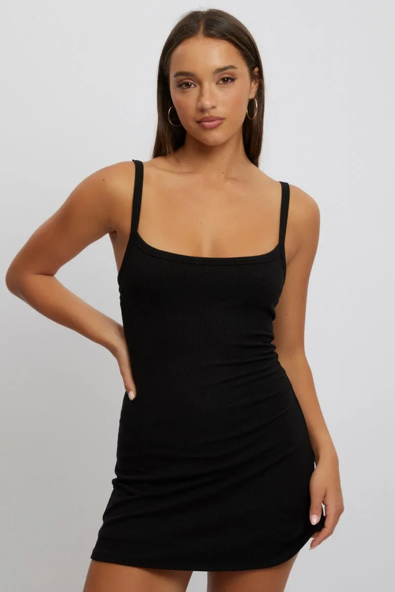 Black Mini Dress Sleeveless Rib A-Line