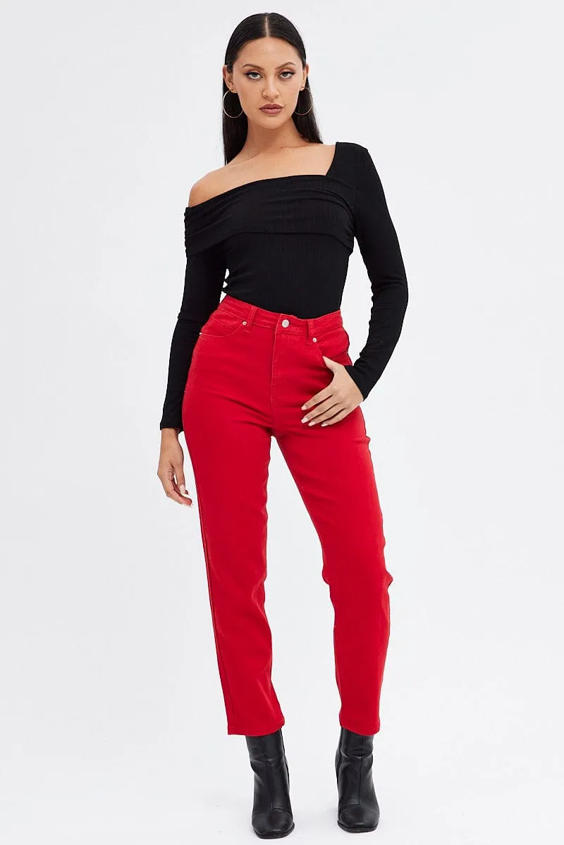 Black Top One Shoulder Long Sleeve Rib