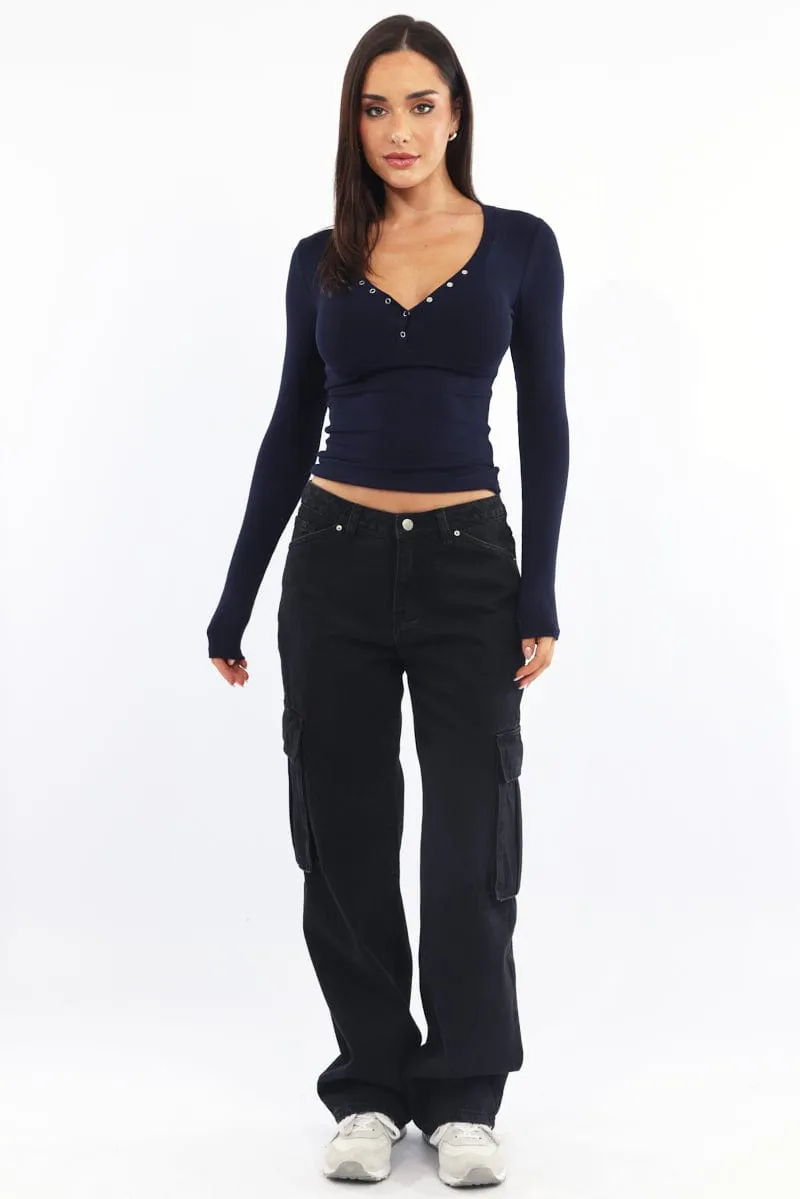 Blue Henley Top Long Sleeve