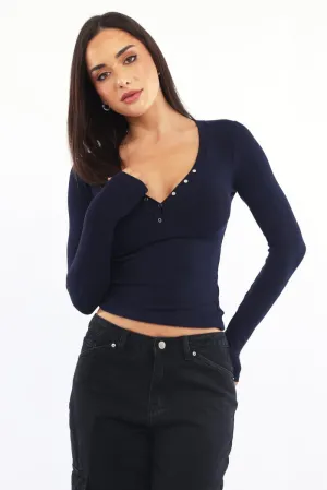 Blue Henley Top Long Sleeve