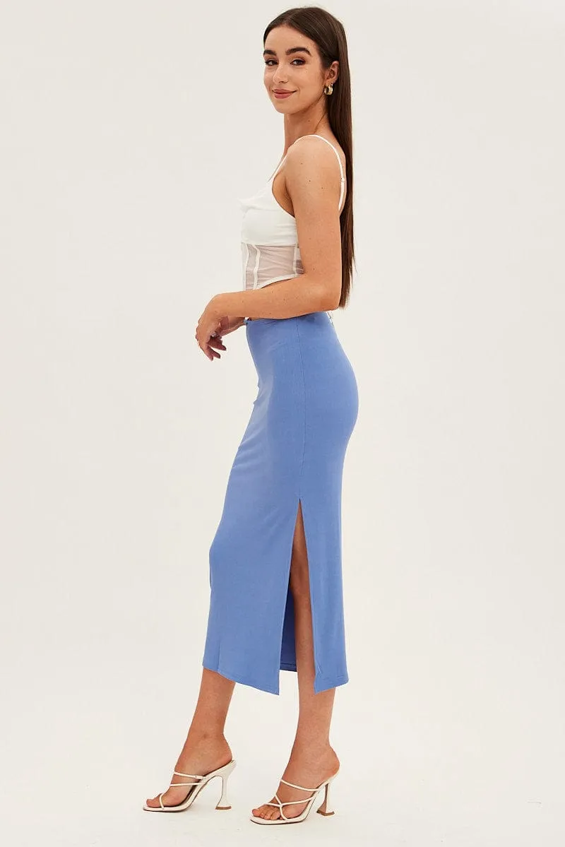 Blue Midi Skirt Bodycon Tie Contrast Ribbed