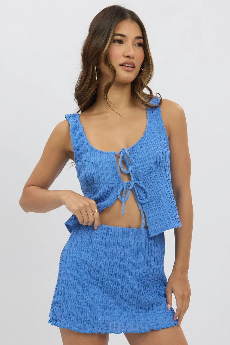 Blue Tie Front Top Sleeveless Textured