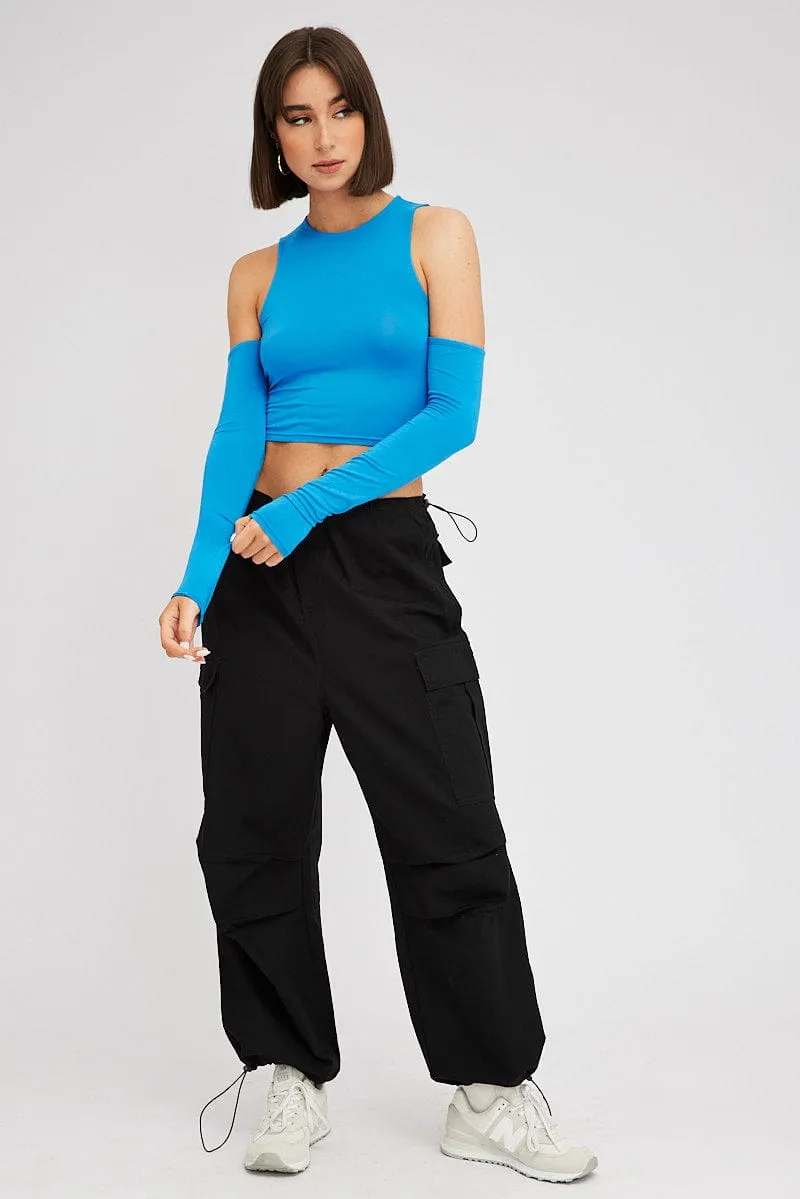 Blue Top Long Sleeve Mock Neck Cold Shoulder Jersey