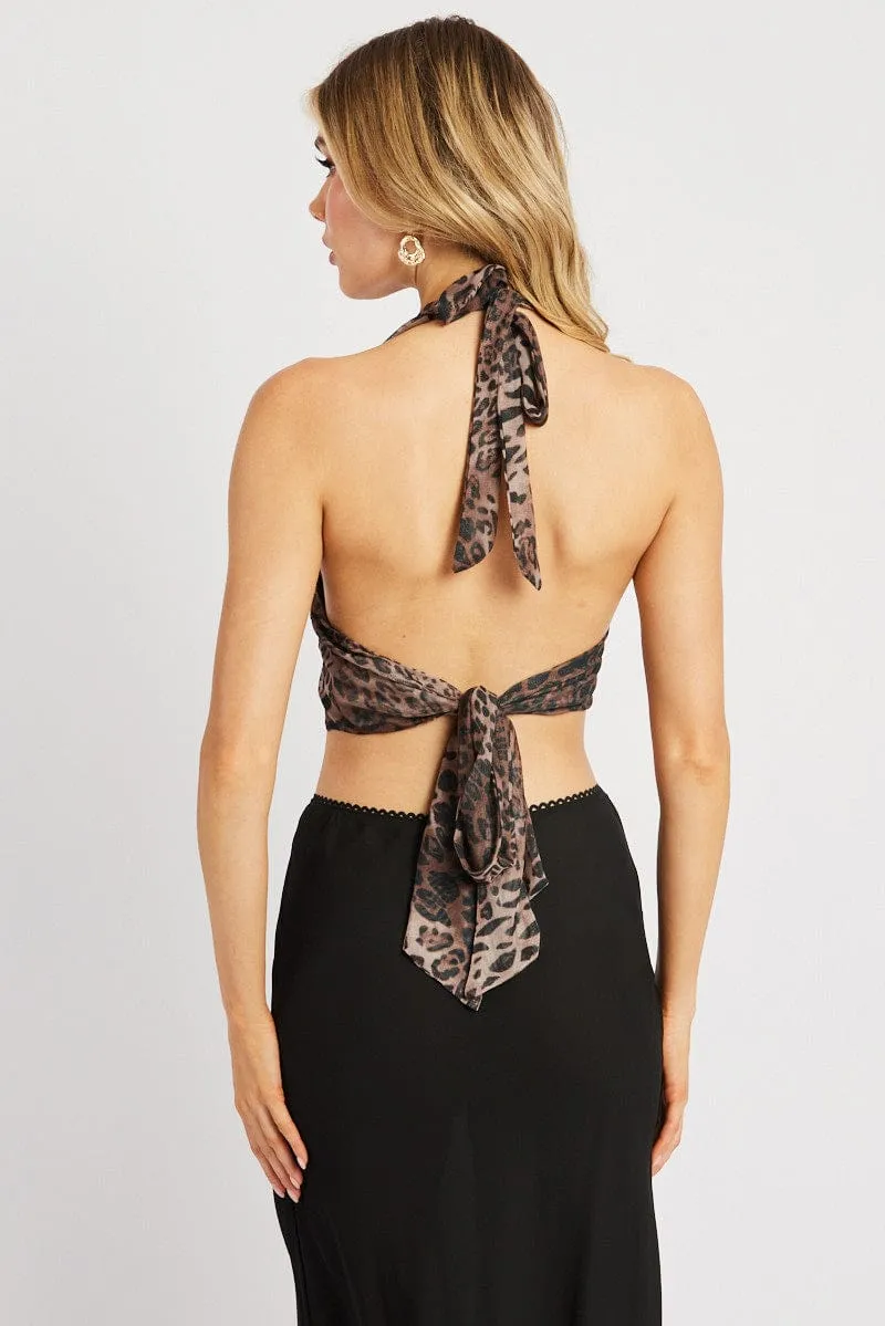 Brown Animal Print Halter Neck Top Tie Back Mesh