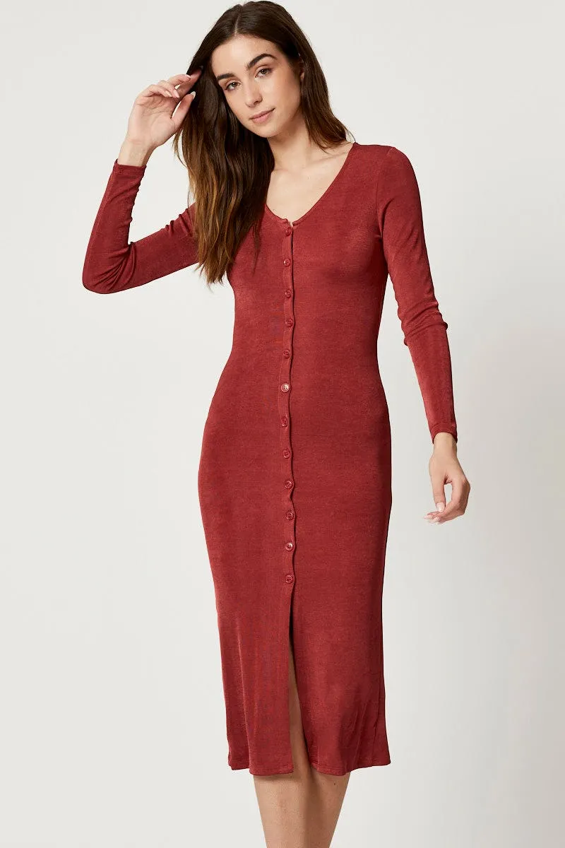 Brown Button Front Slinky Midi Dress