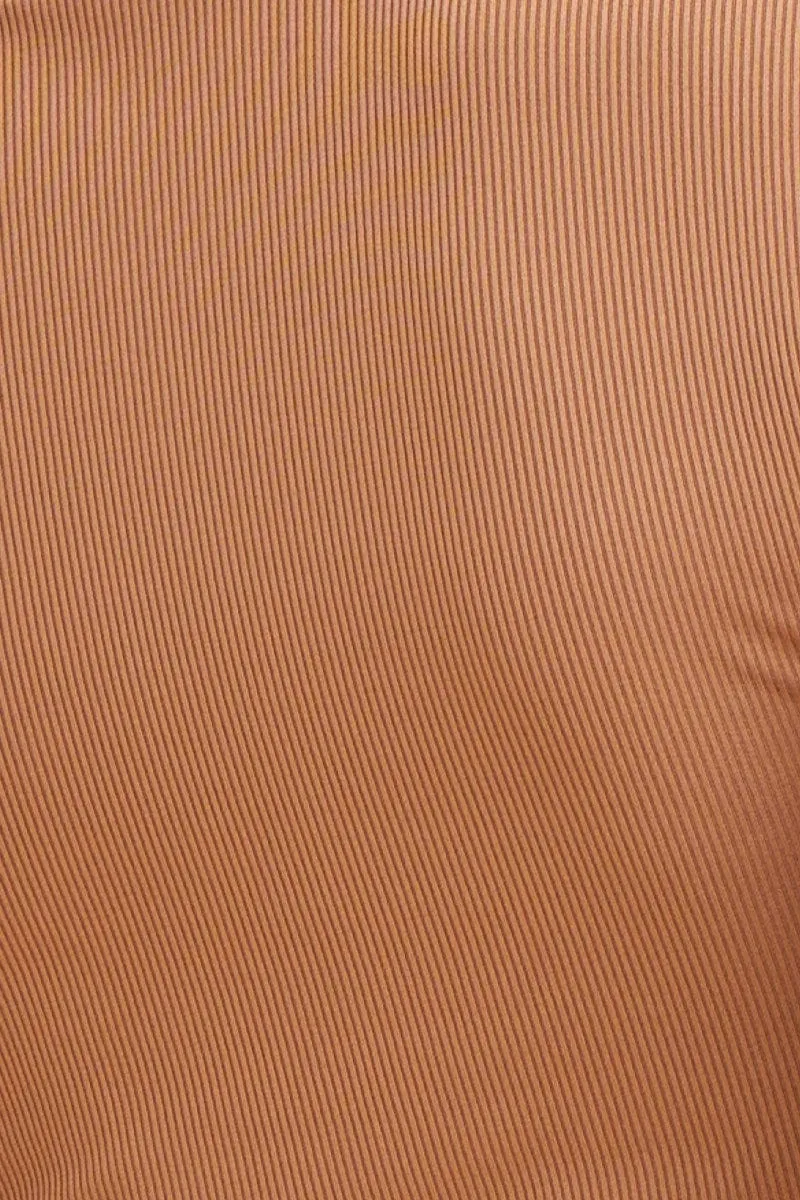 Brown Crop Top Long Sleeve Crew Neck Rib