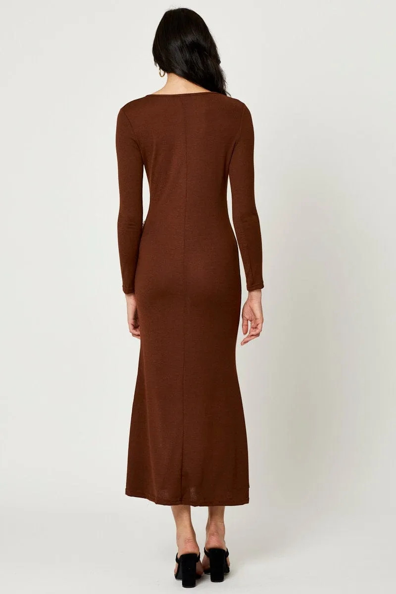 Brown Gathered Front Midi Dress