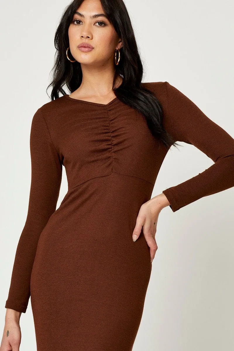 Brown Gathered Front Midi Dress