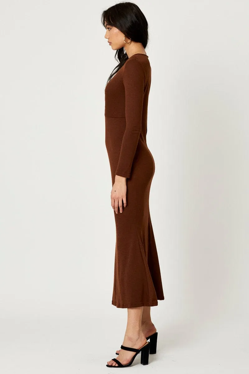Brown Gathered Front Midi Dress