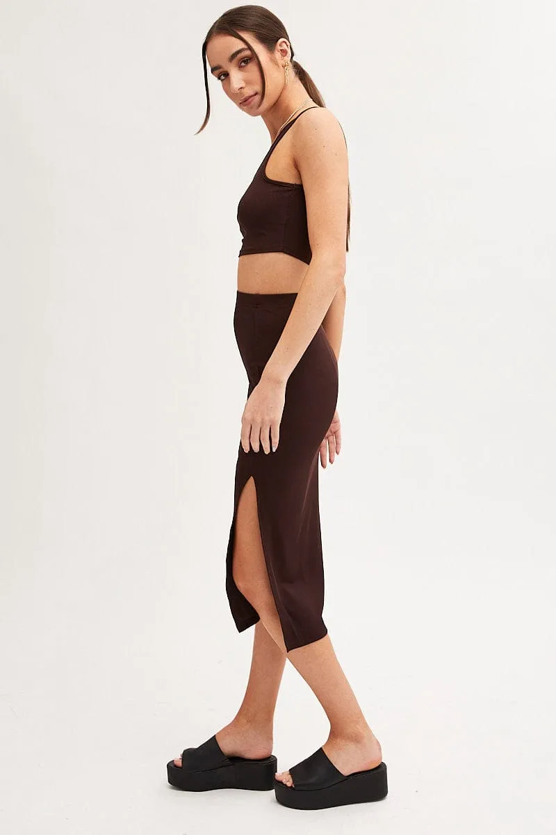 Brown Midi Skirt Front Split Jersey