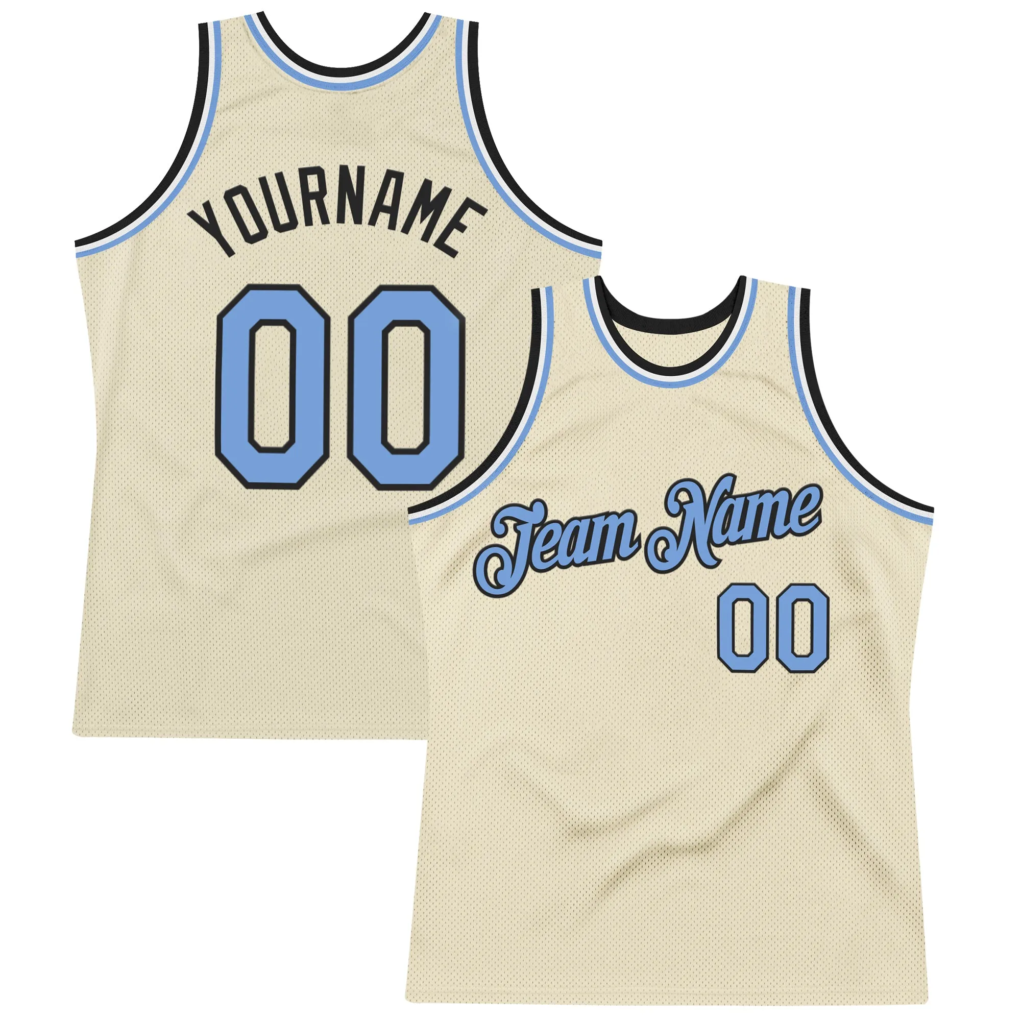 Custom Cream Light Blue Black-White Authentic Throwback Basketball Jersey