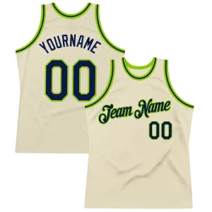 Custom Cream Navy-Neon Green Authentic Throwback Basketball Jersey