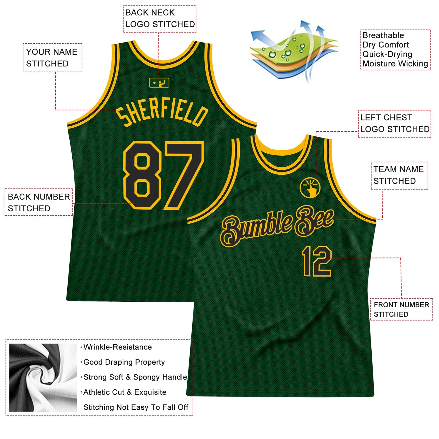 Custom Green Black-Gold Authentic Throwback Basketball Jersey