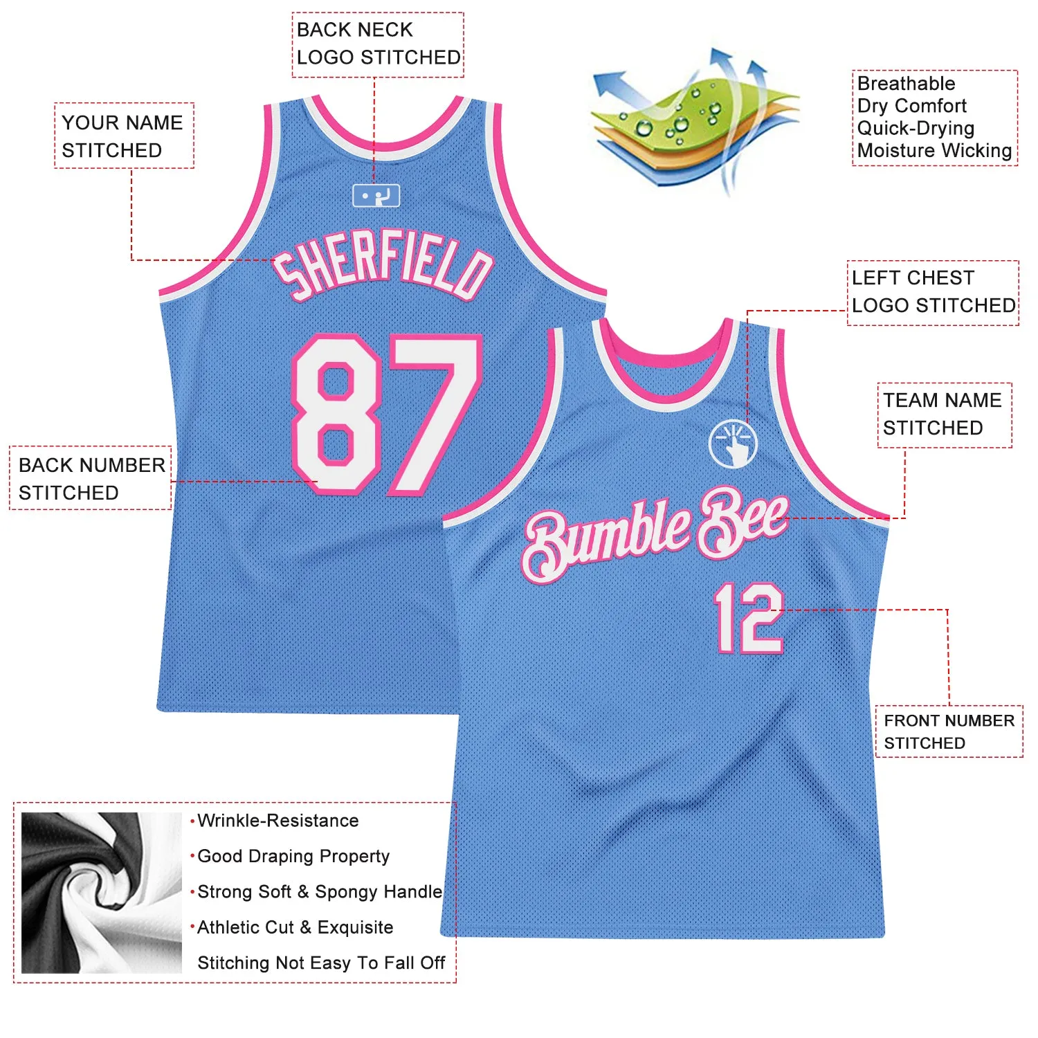Custom Light Blue White-Pink Authentic Throwback Basketball Jersey