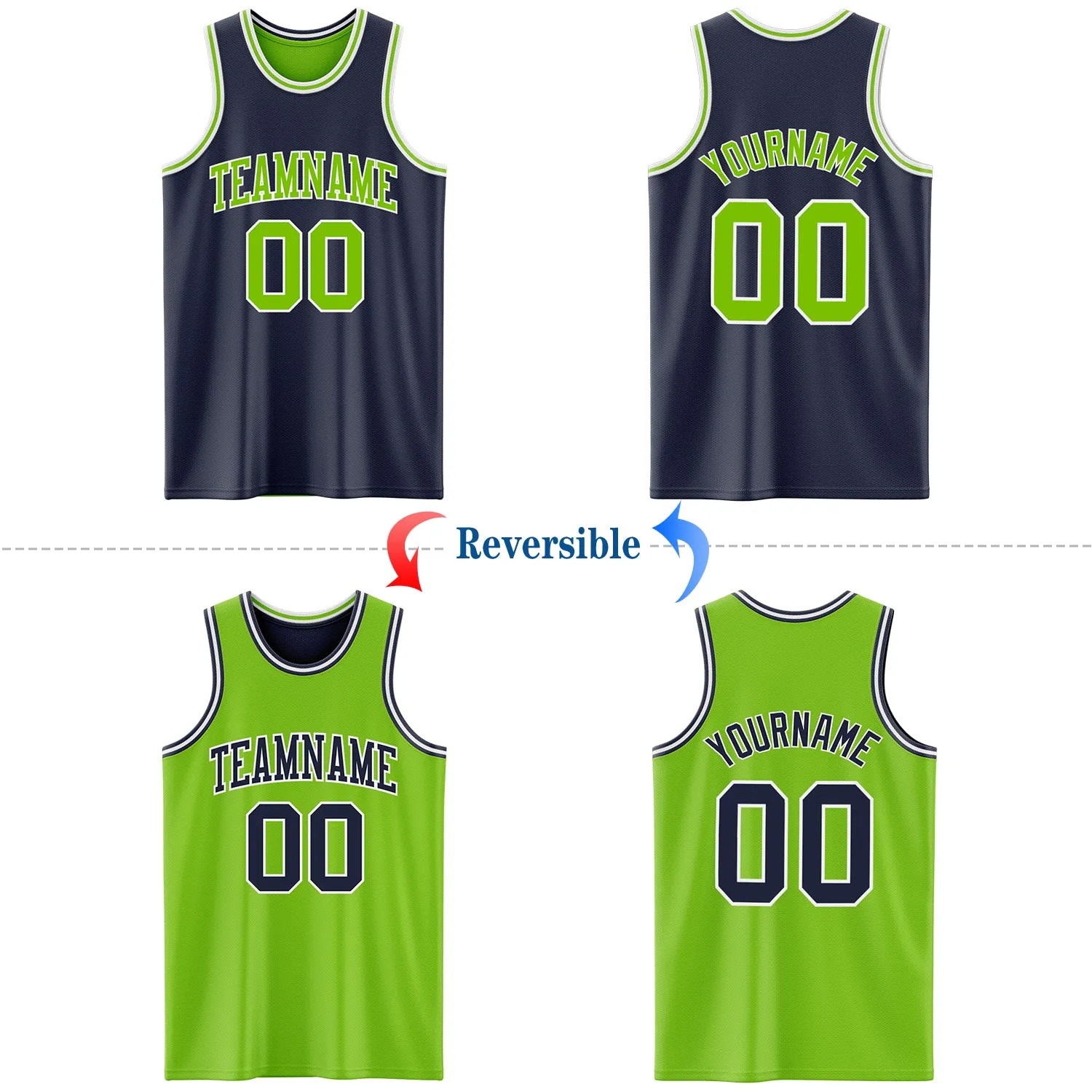 Custom Navy Neon Green-White Reversible Double Side Basketball Jersey