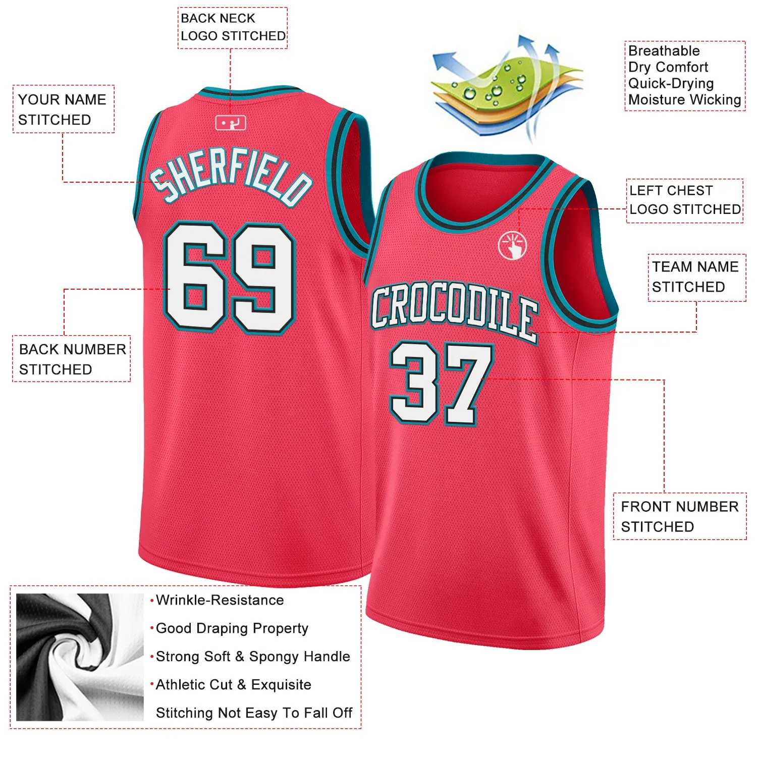 Custom Neon Pink White Black-Teal Authentic Basketball Jersey