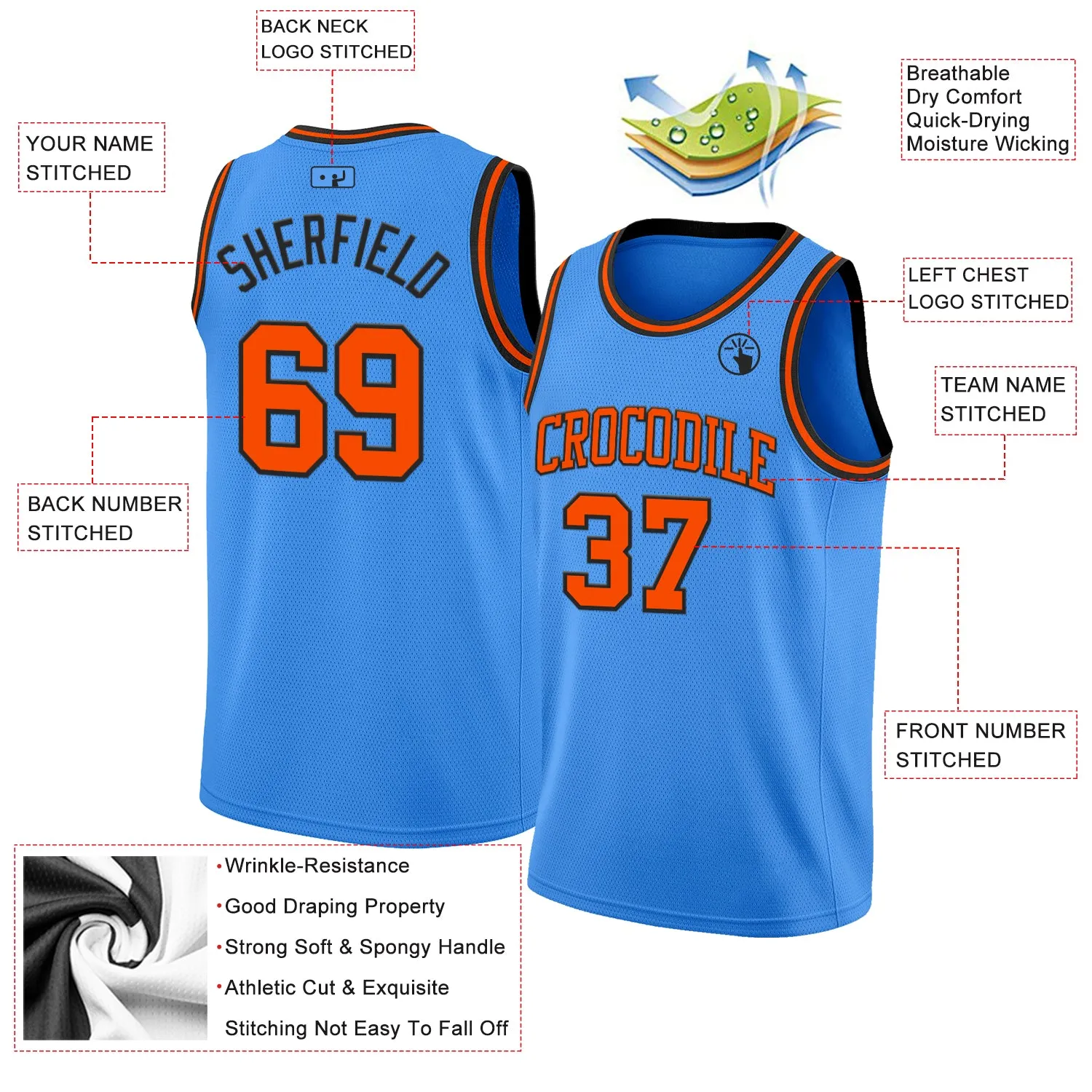 Custom Powder Blue Orange-Black Authentic Basketball Jersey
