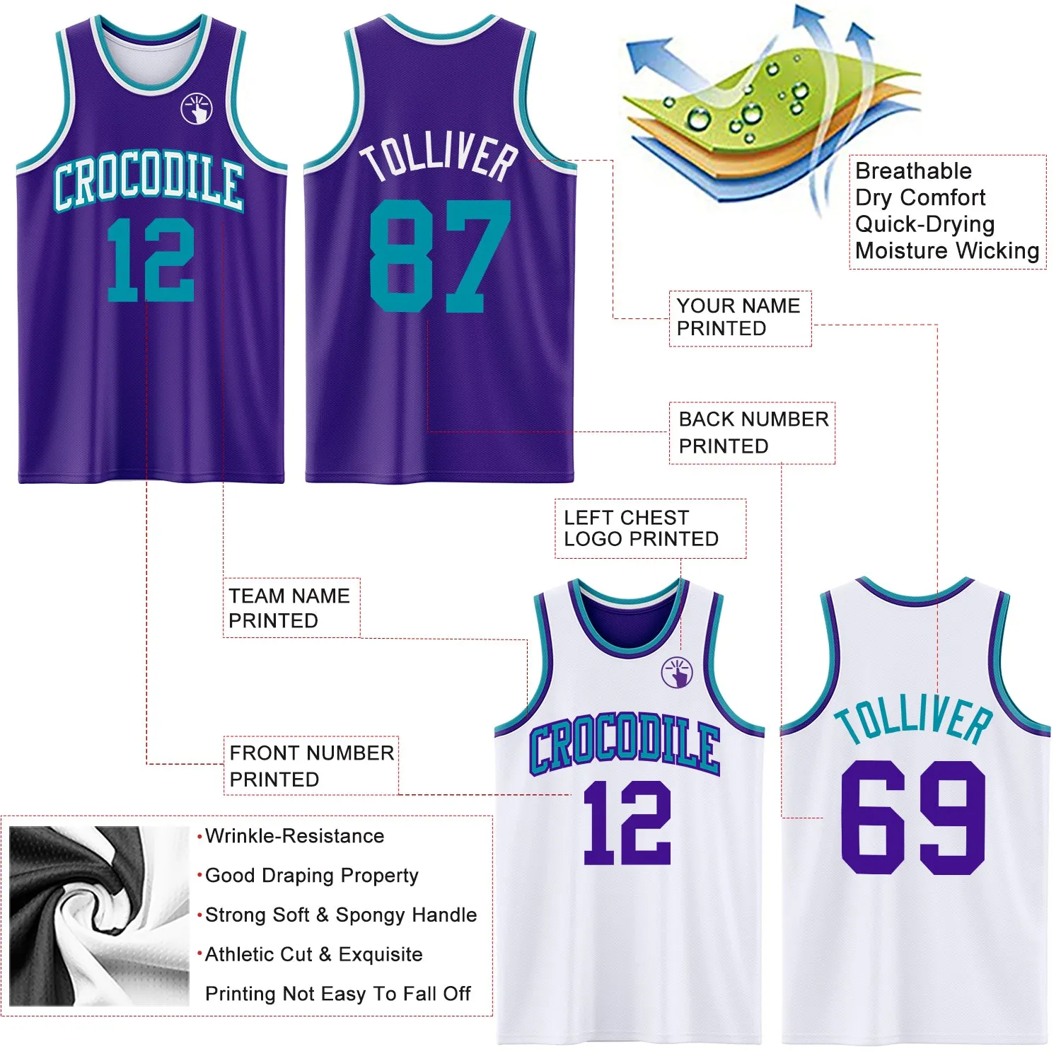Custom Purple Teal-White Reversible Double Side Basketball Jersey