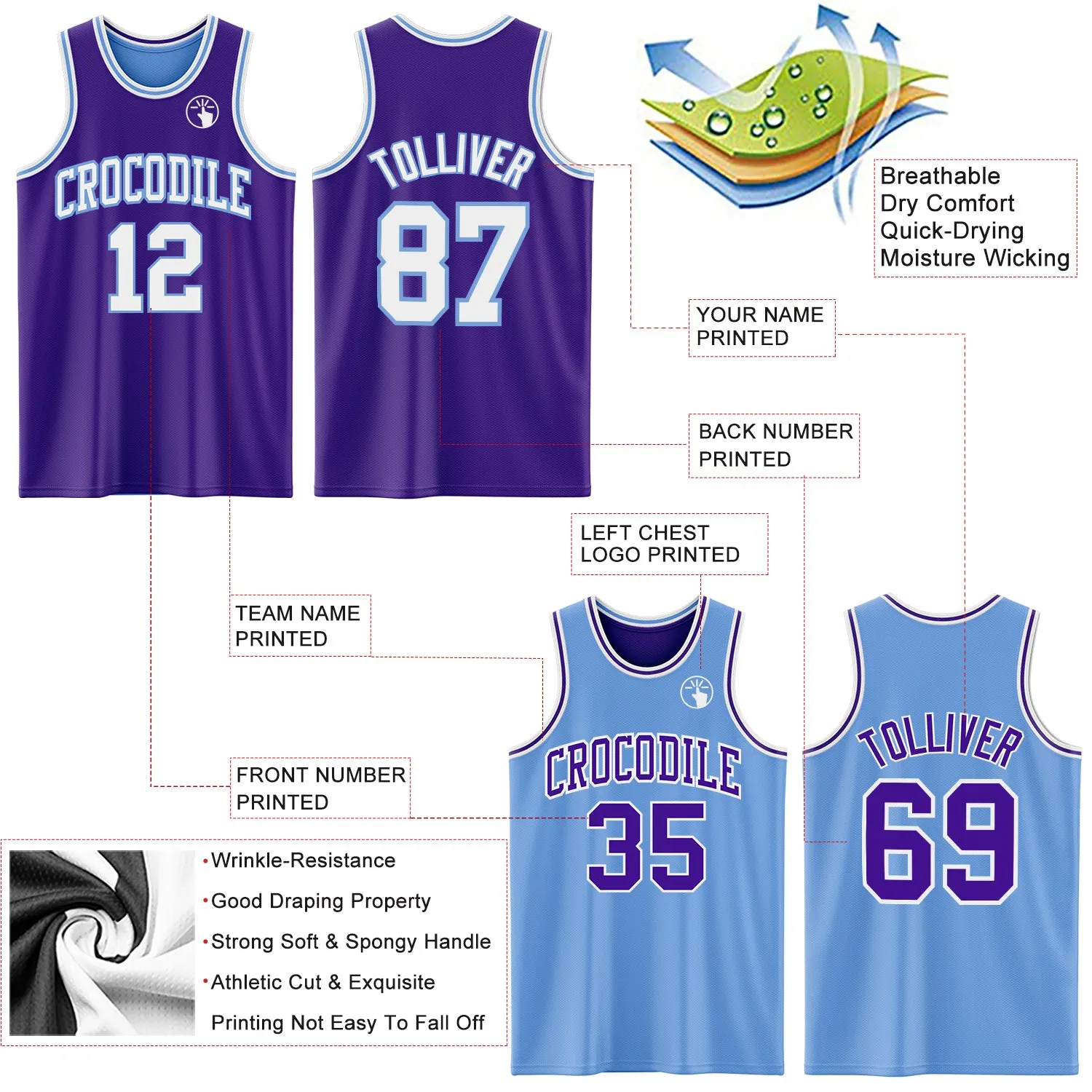 Custom Purple White-Light Blue Reversible Double Side Basketball Jersey