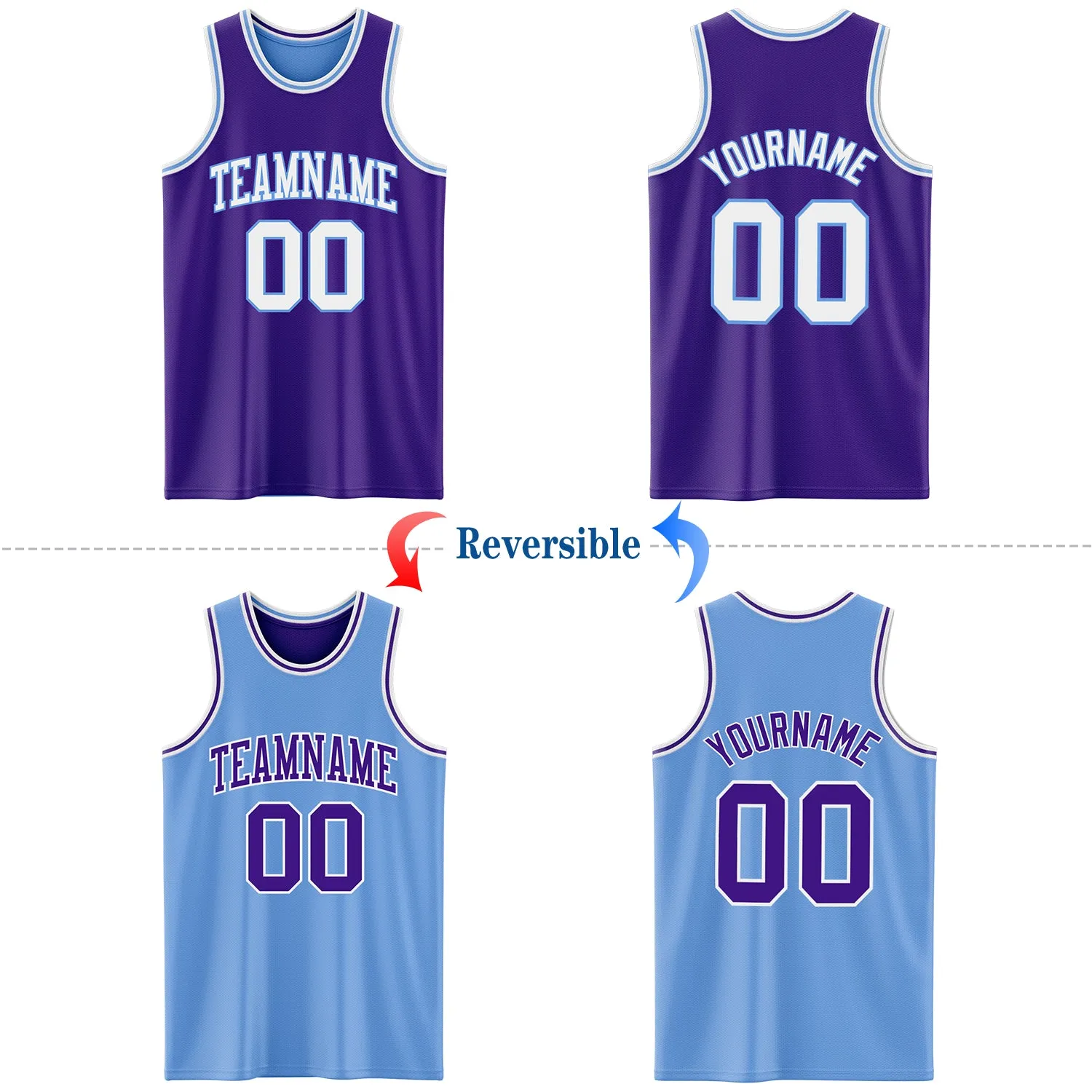 Custom Purple White-Light Blue Reversible Double Side Basketball Jersey