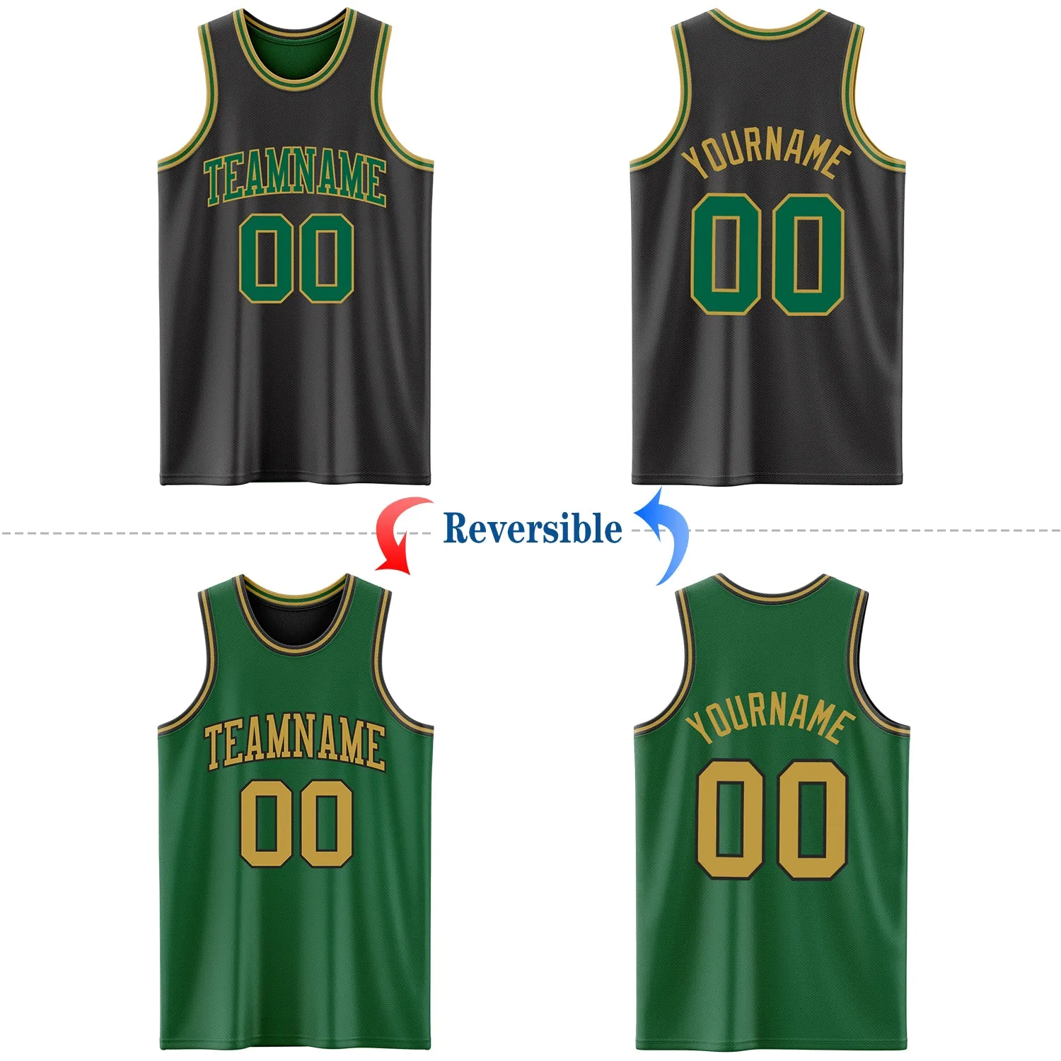 Custom Reversible Black Kelly Green-Old Gold Double Side Basketball Jersey
