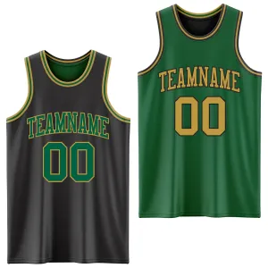 Custom Reversible Black Kelly Green-Old Gold Double Side Basketball Jersey