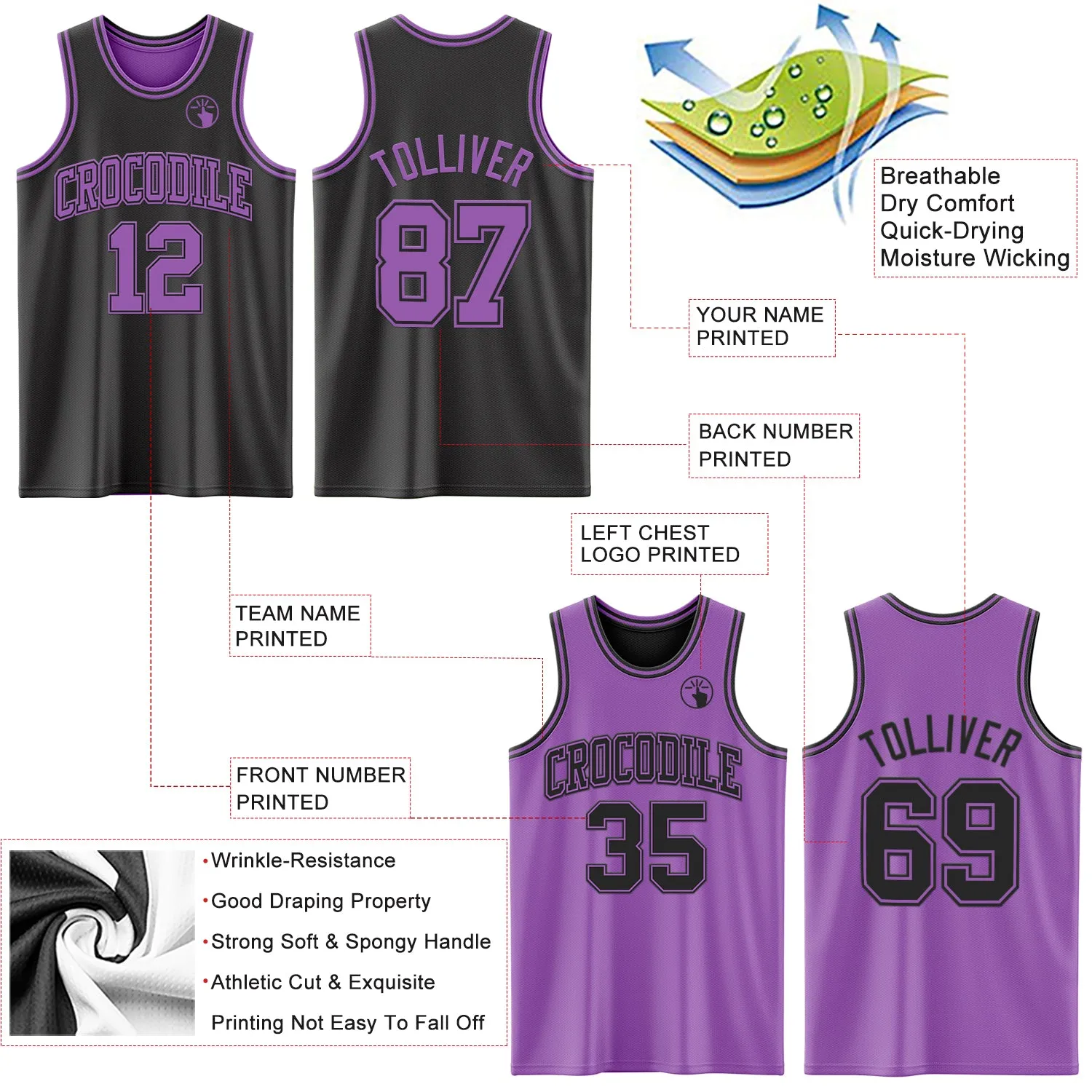 Custom Reversible Black Medium Purple Double Side Basketball Jersey