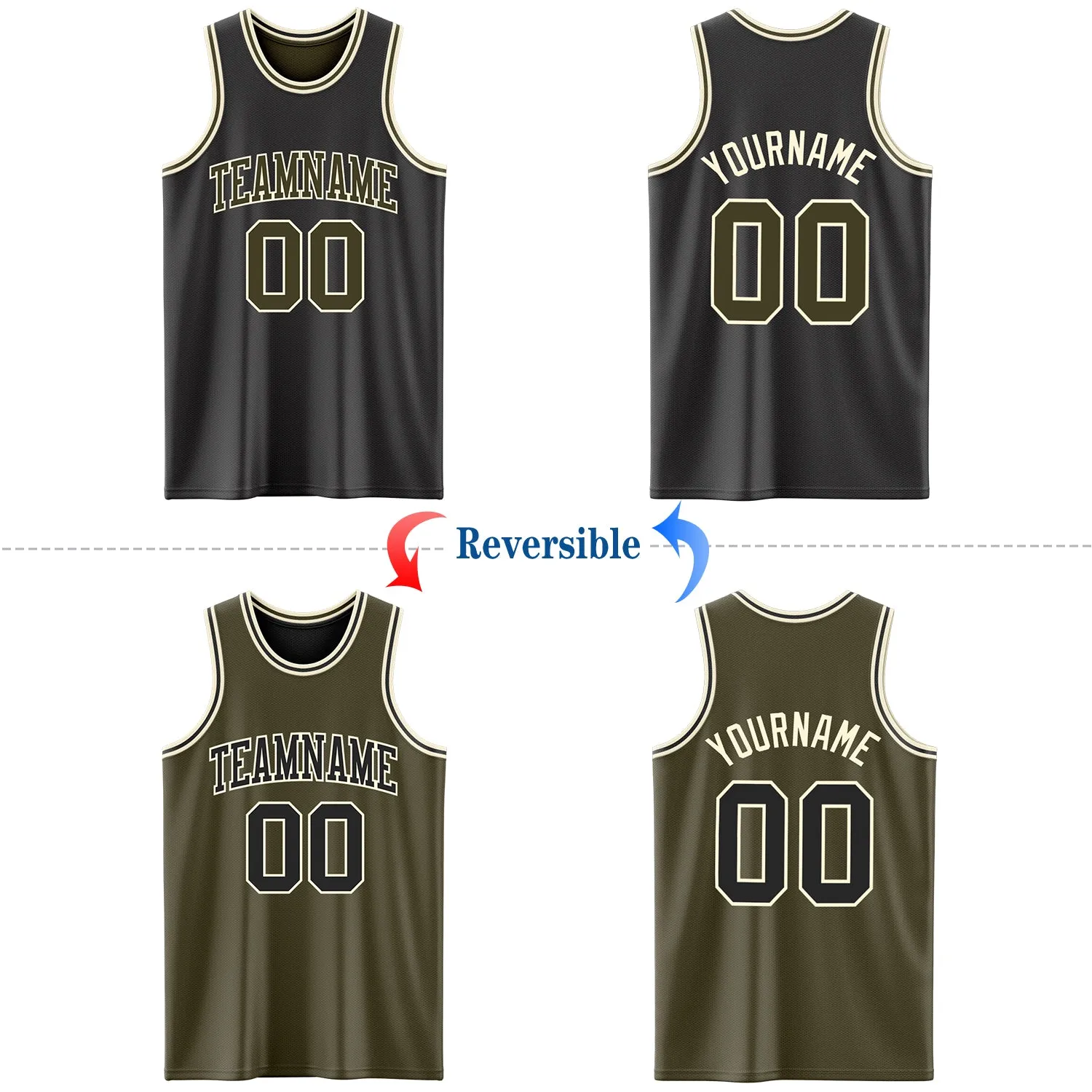 Custom Reversible Black Olive-Cream Double Side Basketball Jersey