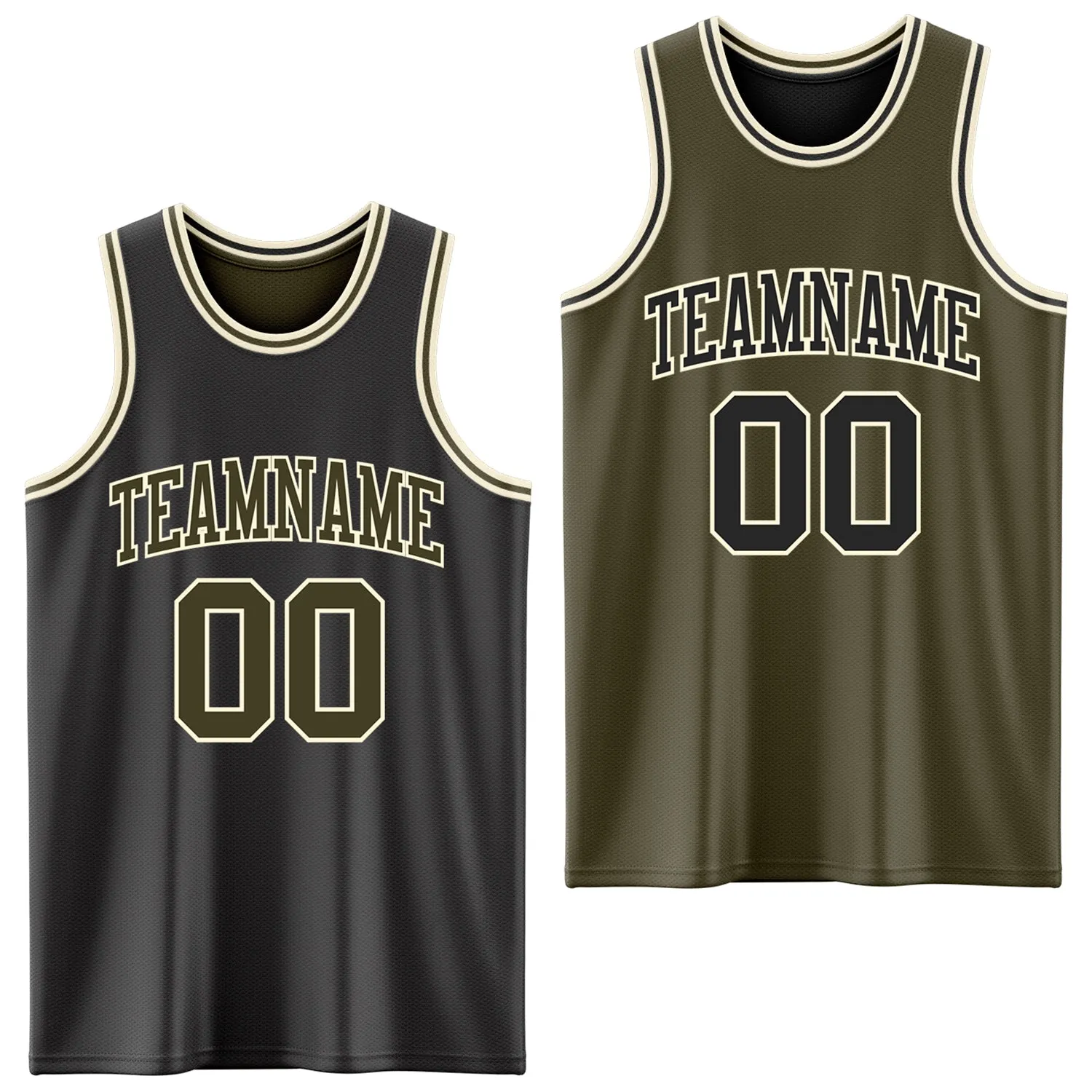 Custom Reversible Black Olive-Cream Double Side Basketball Jersey