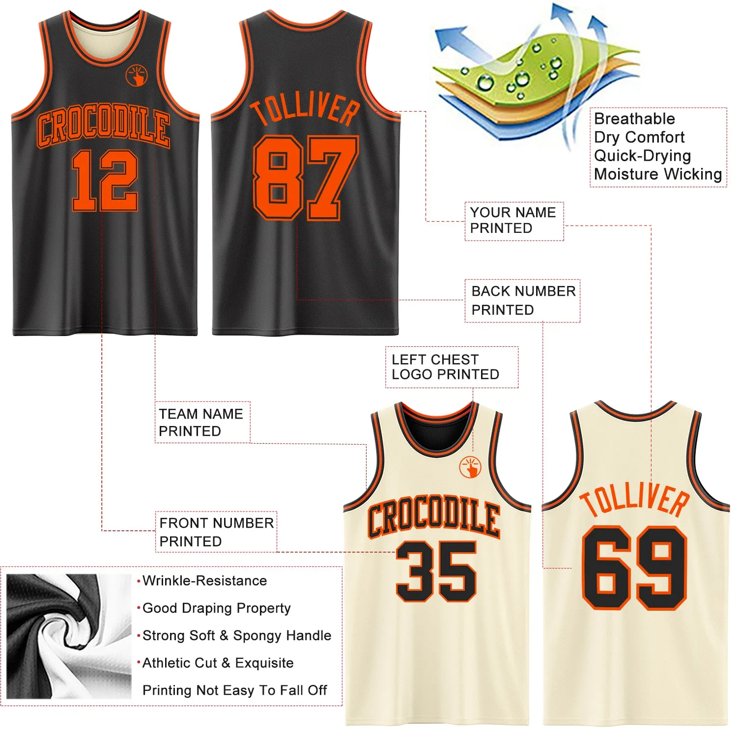 Custom Reversible Black Orange Double Side Basketball Jersey