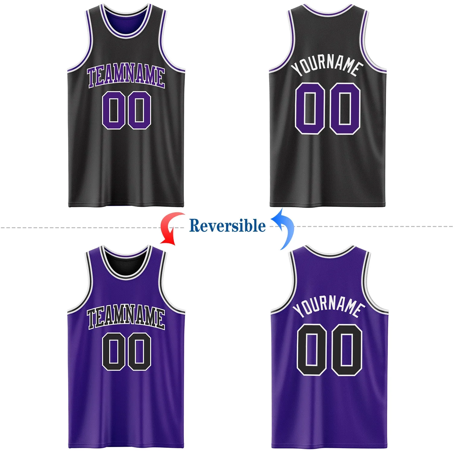 Custom Reversible Black Purple-White Double Side Basketball Jersey