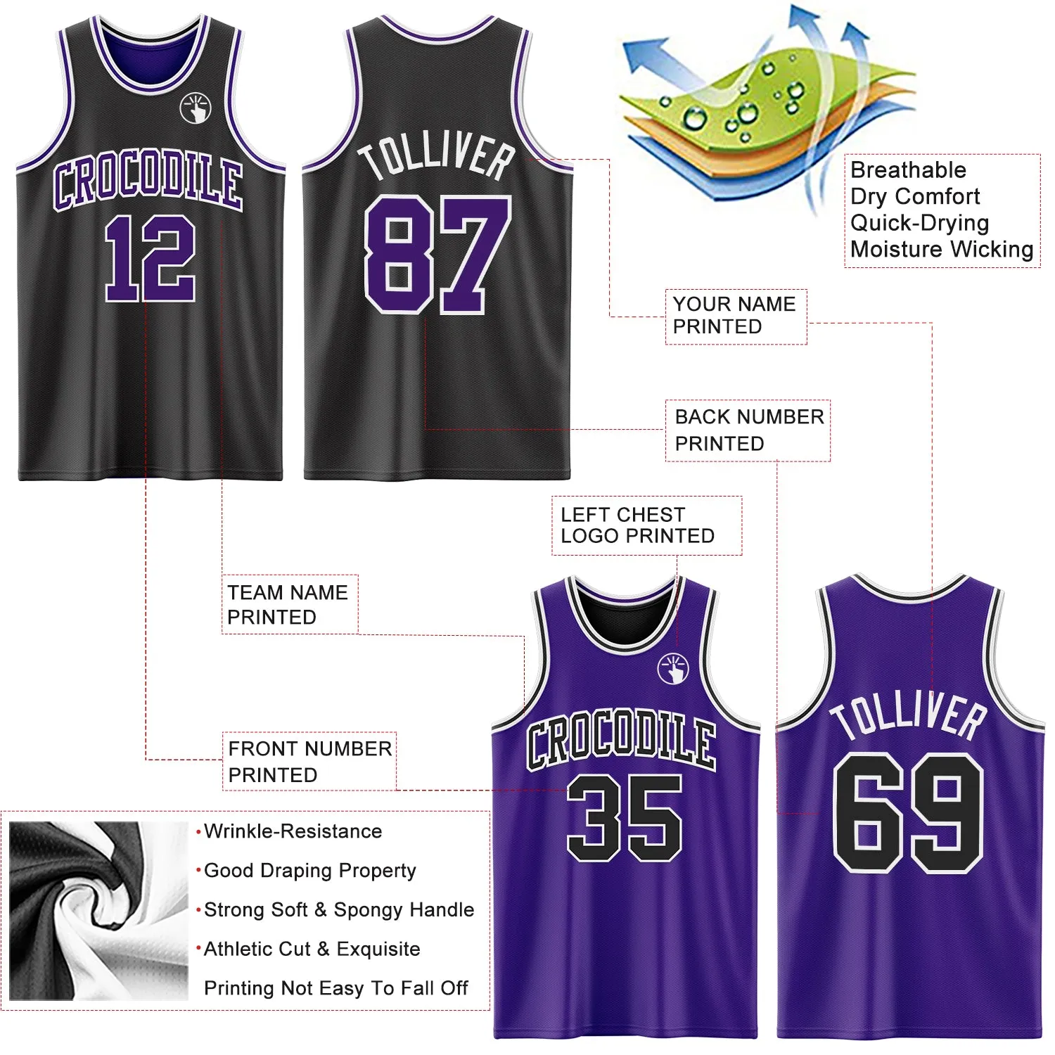 Custom Reversible Black Purple-White Double Side Basketball Jersey
