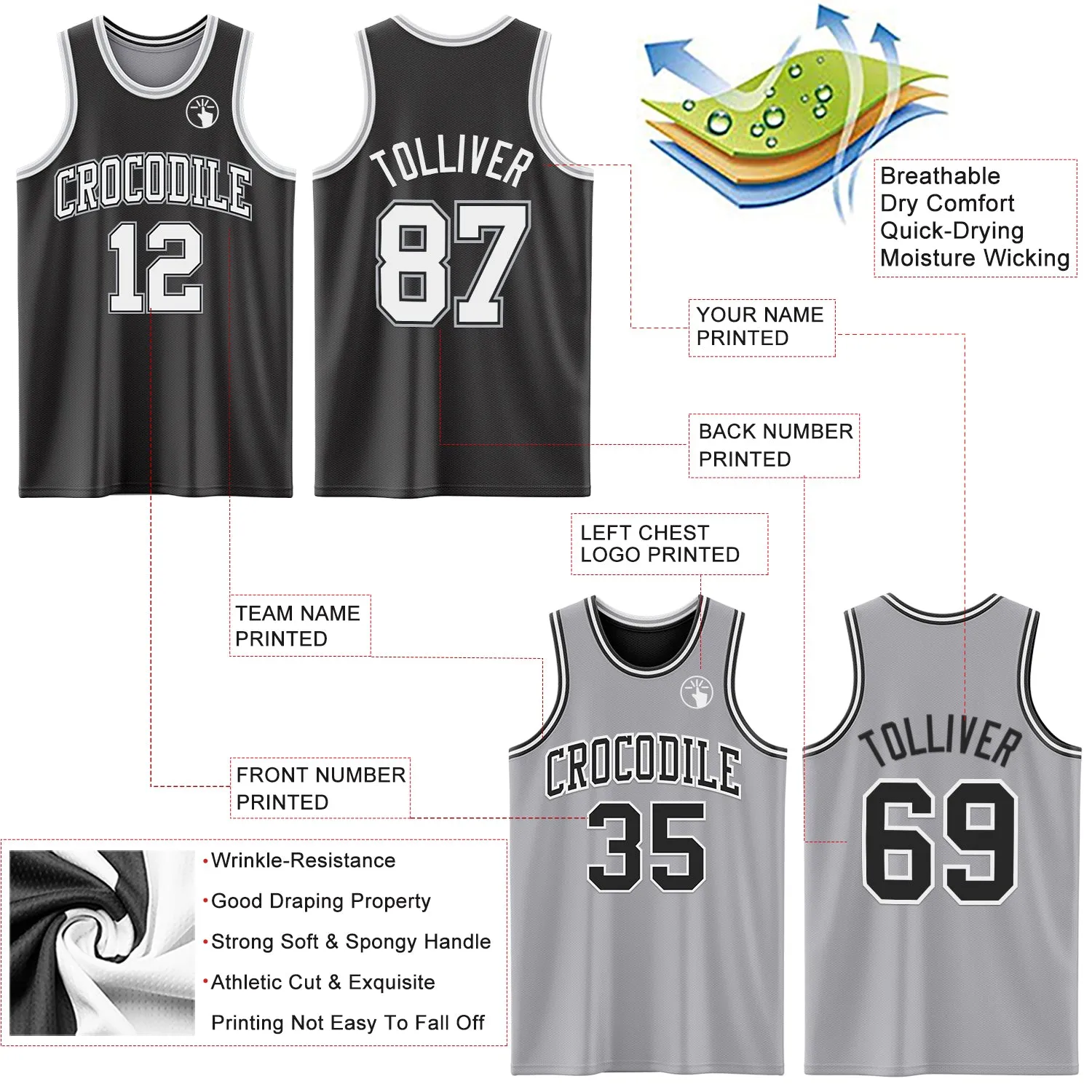 Custom Reversible Black White-Gray Double Side Basketball Jersey
