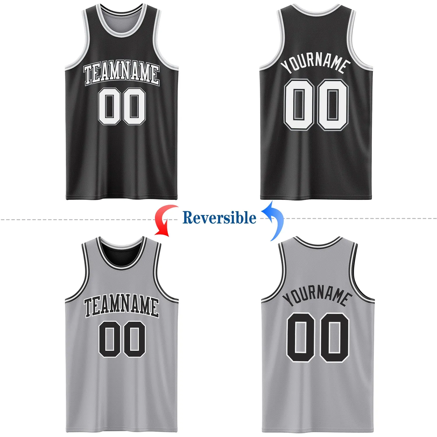 Custom Reversible Black White-Gray Double Side Basketball Jersey