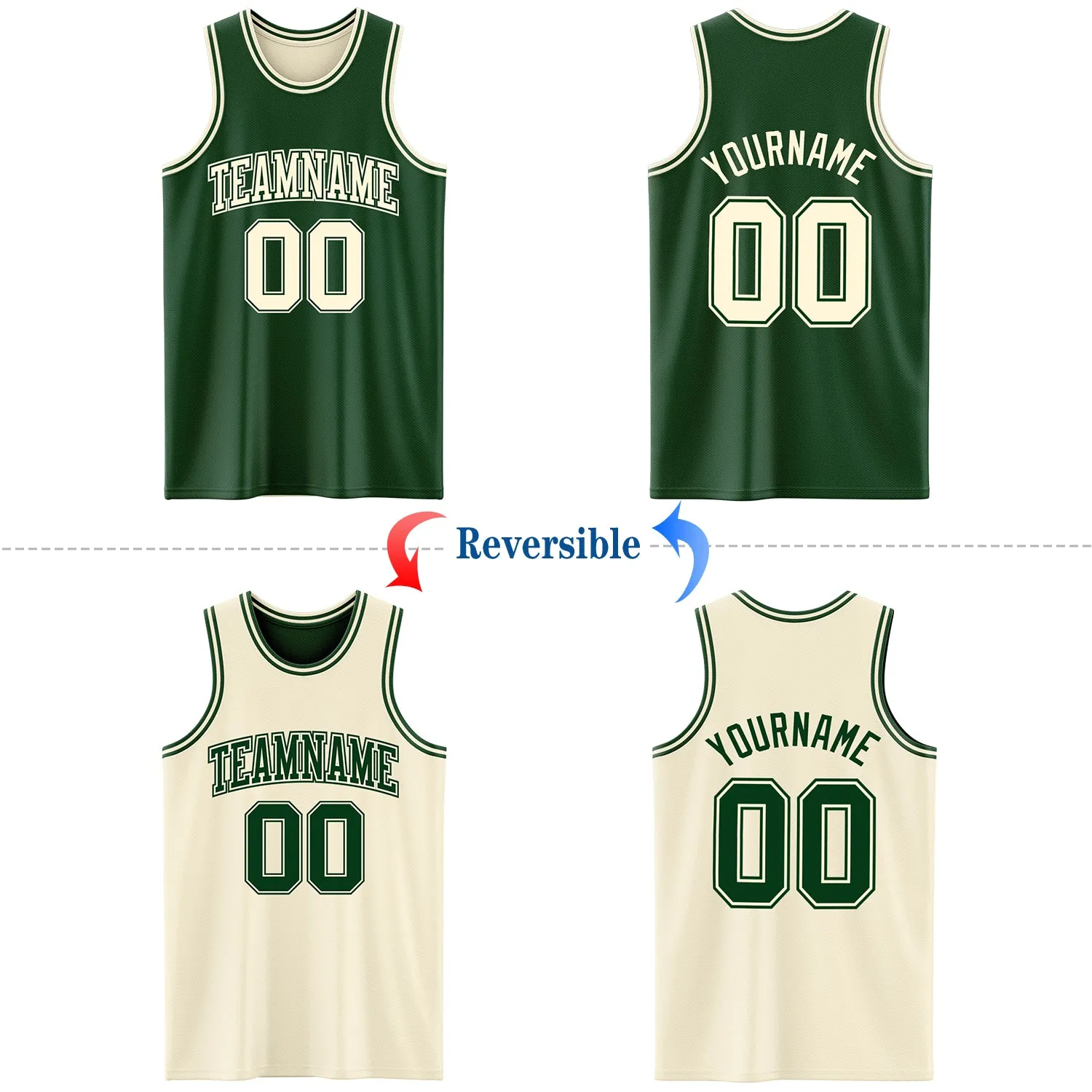 Custom Reversible Green Cream Double Side Basketball Jersey