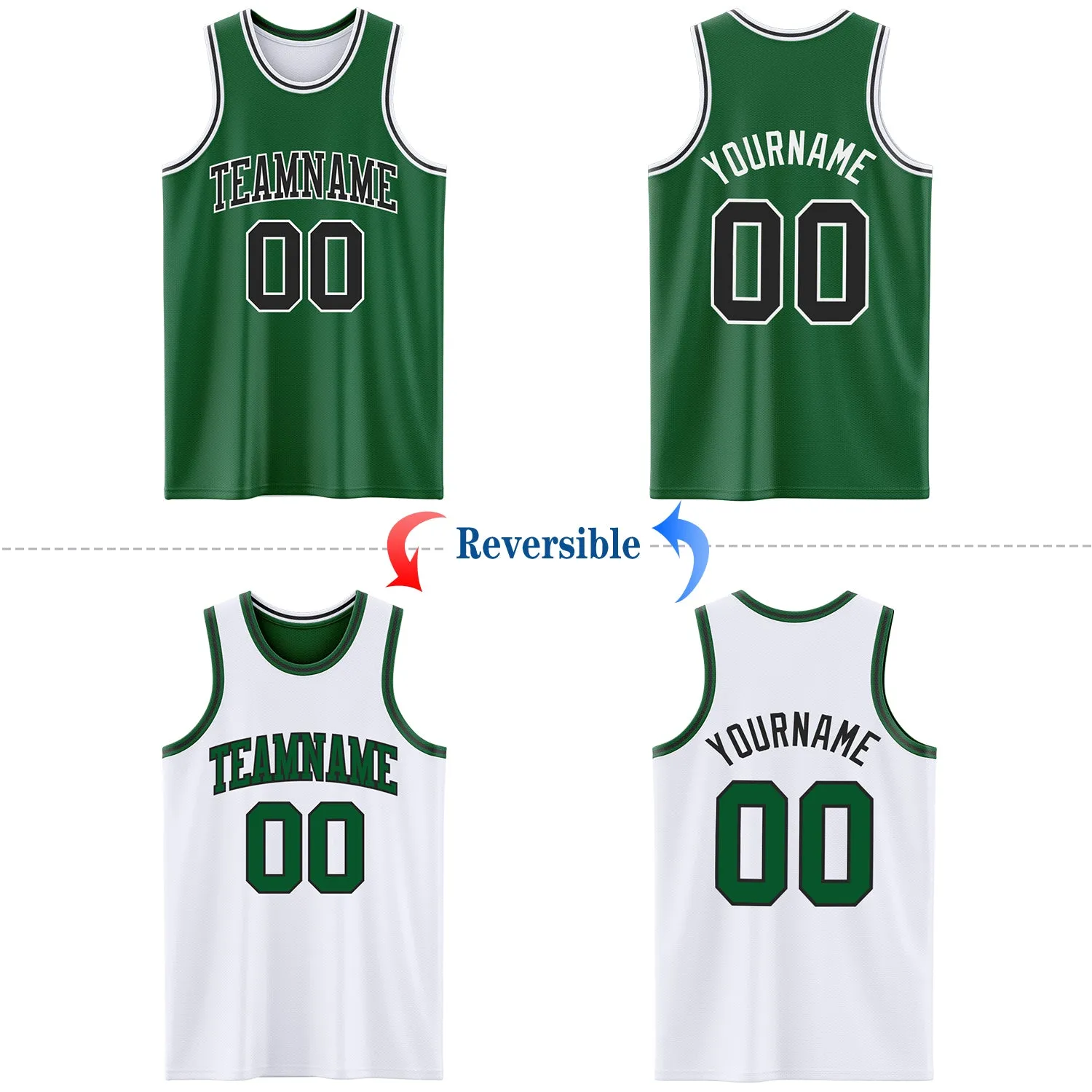 Custom Reversible Kelly Green Black-White Double Side Basketball Jersey