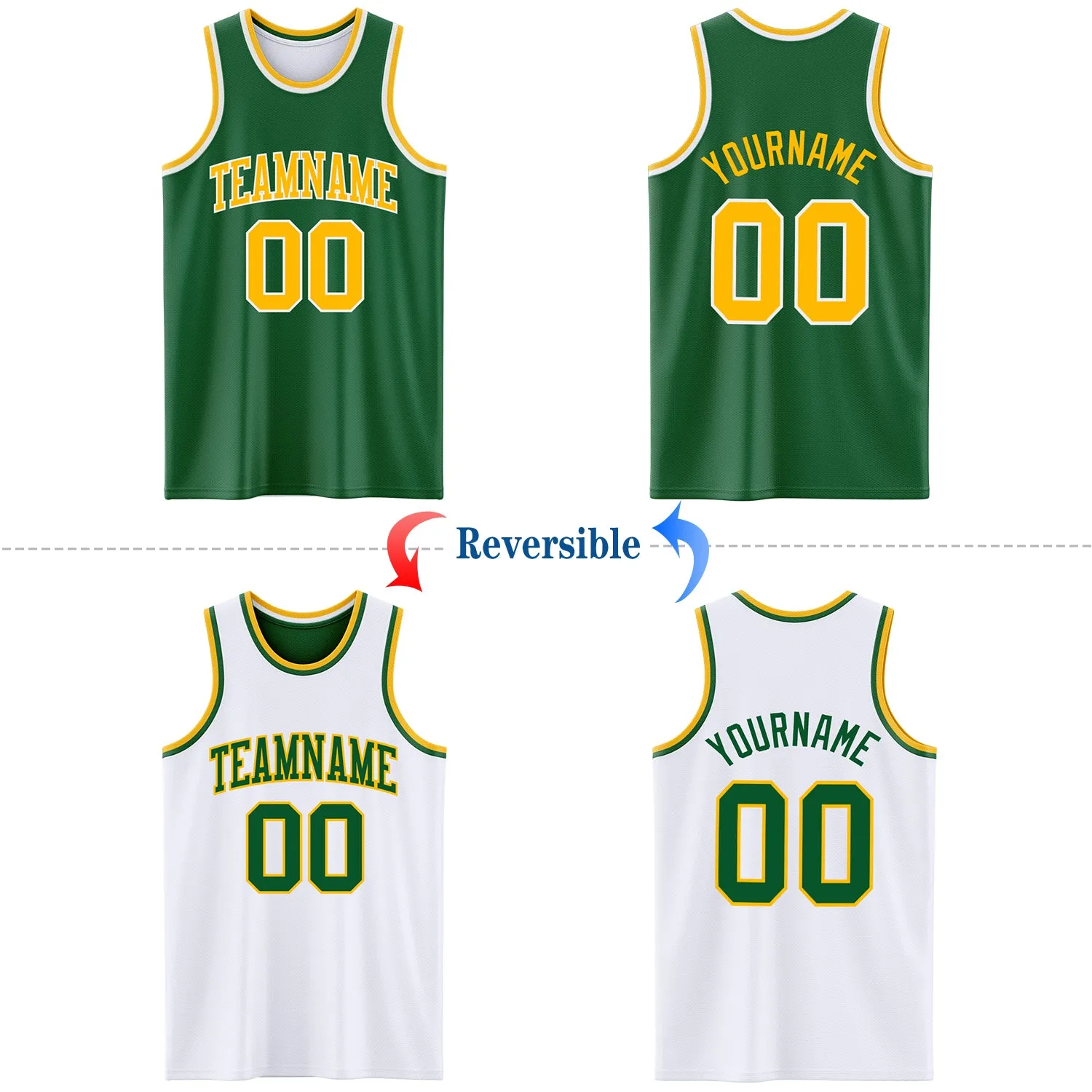 Custom Reversible Kelly Green Gold-White Double Side Basketball Jersey