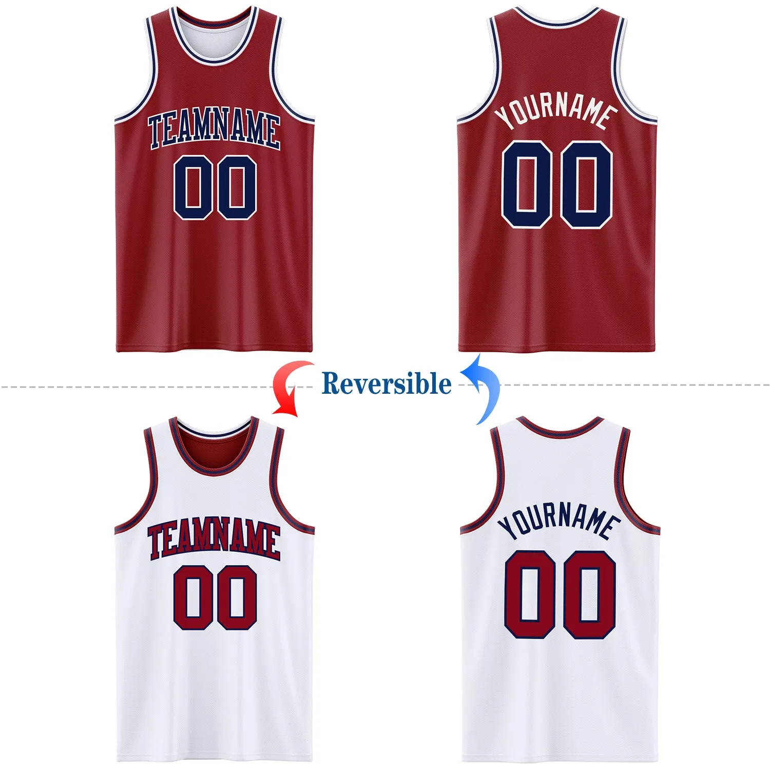 Custom Reversible Maroon Navy-White Double Side Basketball Jersey