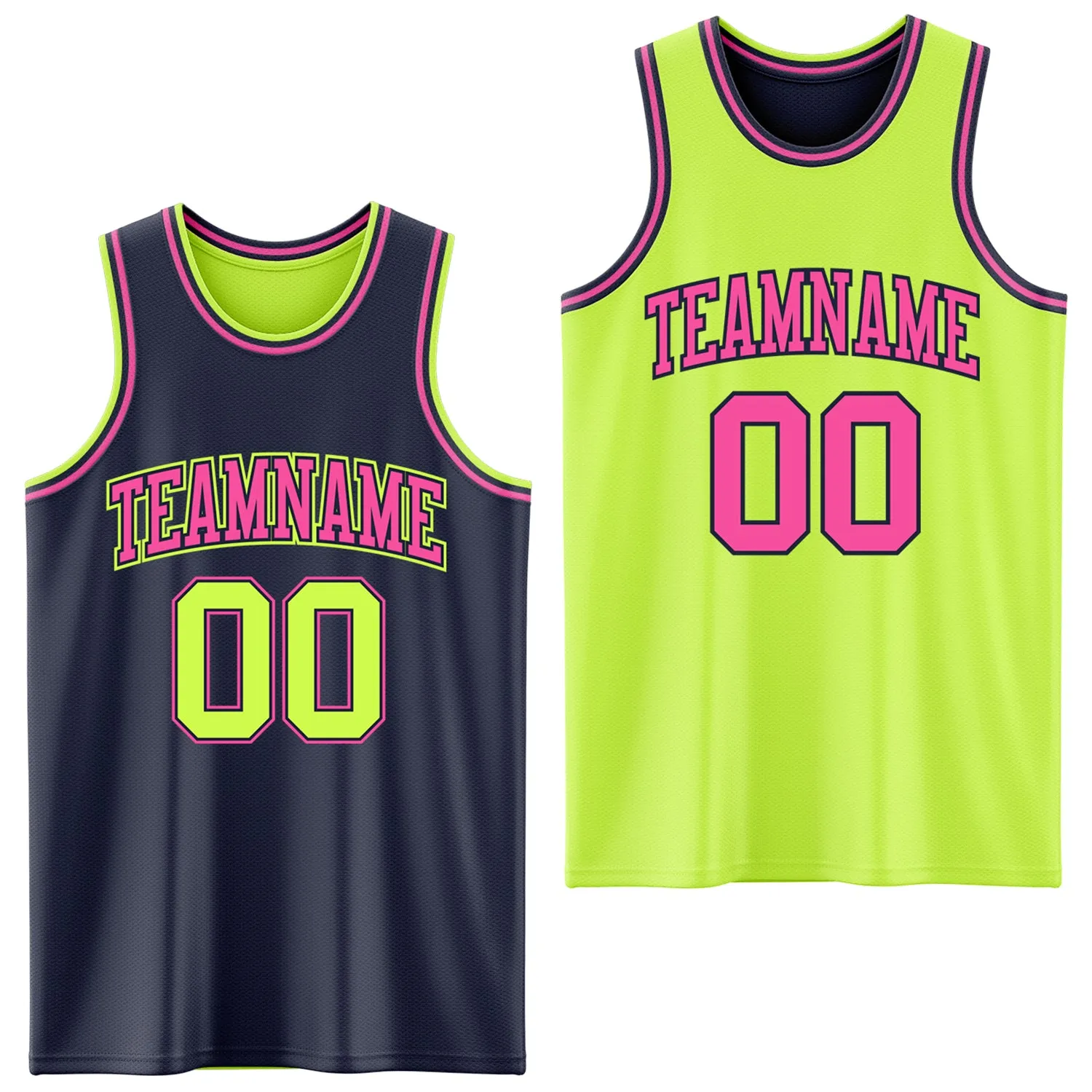 Custom Reversible Navy Neon Green-Pink Double Side Basketball Jersey