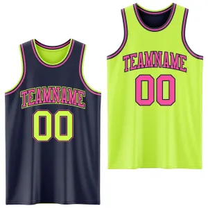 Custom Reversible Navy Neon Green-Pink Double Side Basketball Jersey