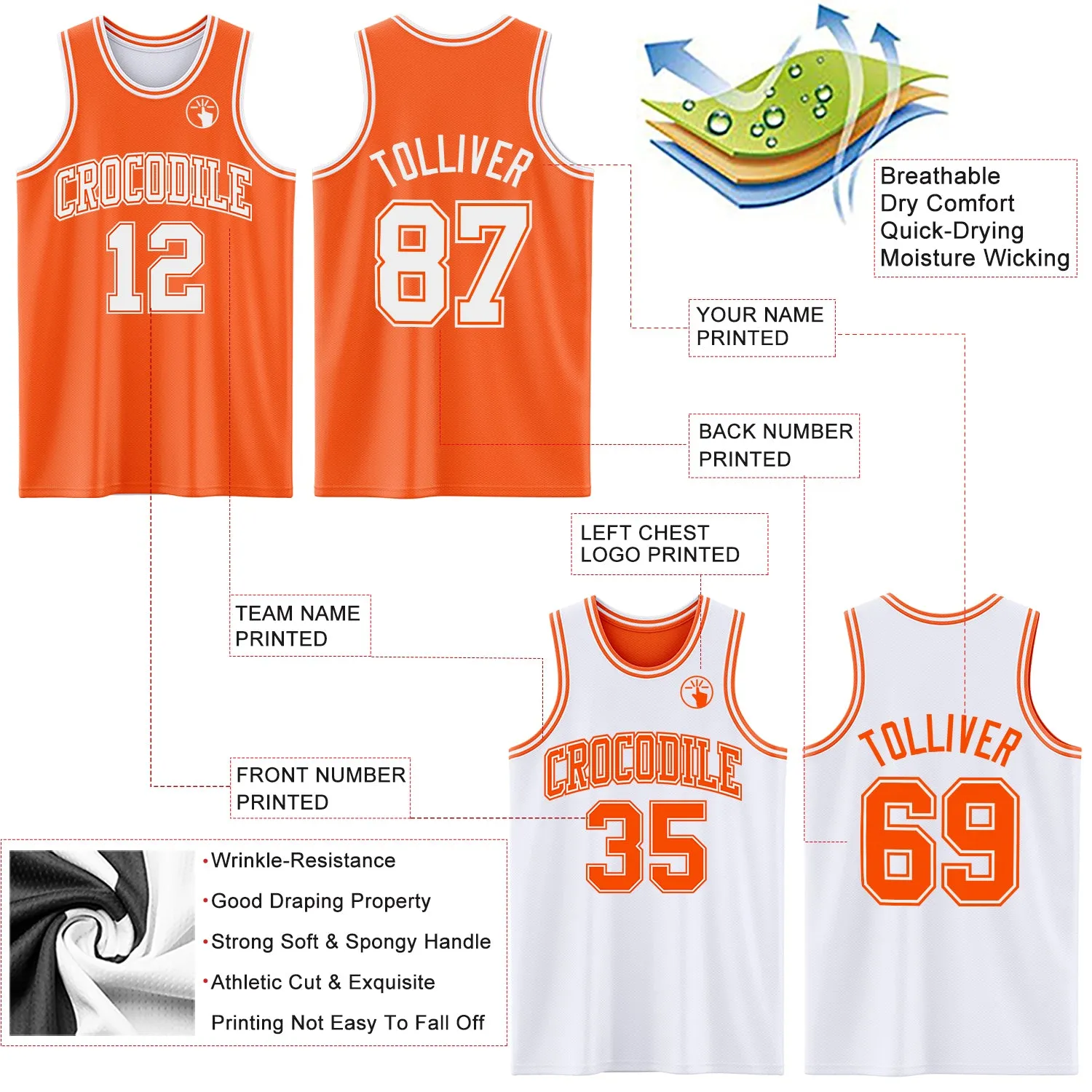 Custom Reversible Orange White Double Side Basketball Jersey