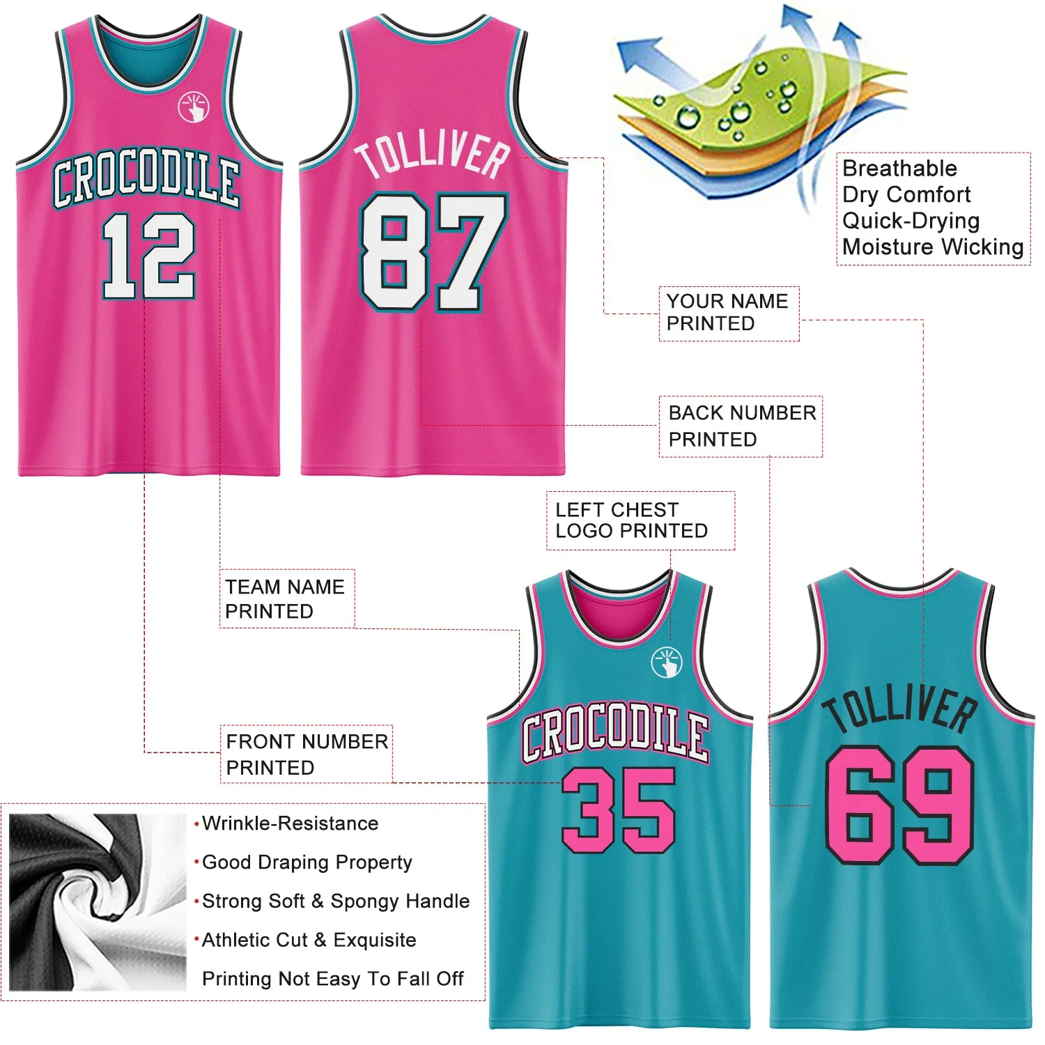 Custom Reversible Pink Black-Teal Double Side Basketball Jersey