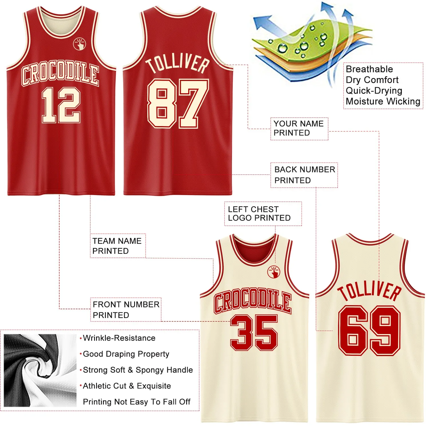 Custom Reversible Red Cream Double Side Basketball Jersey